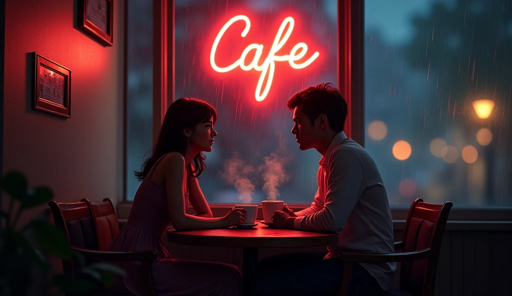 : A cozy, dimly lit cafe at midnight with soft jazz playing in the background. A couple sits at a corner table, sharing a moment over steaming cups of coffee. Outside, rain gently taps against the window, and the neon sign of the cafe casts a warm glow over them.