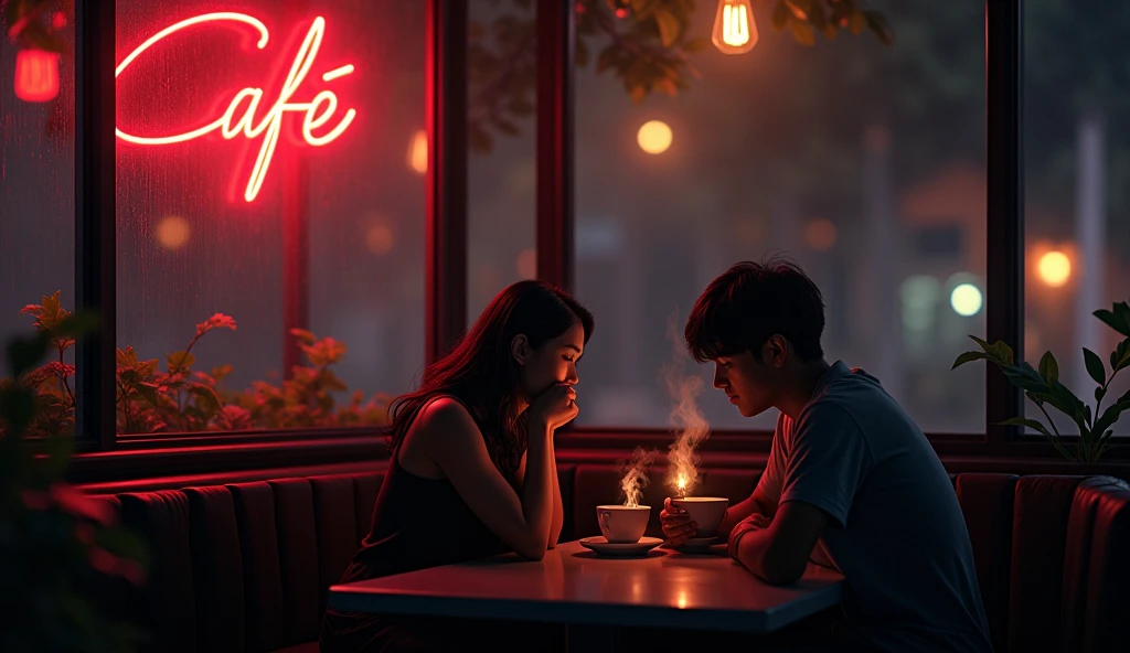 : A cozy, dimly lit cafe at midnight with soft jazz playing in the background. A couple sits at a corner table, sharing a moment over steaming cups of coffee. Outside, rain gently taps against the window, and the neon sign of the cafe casts a warm glow over them.