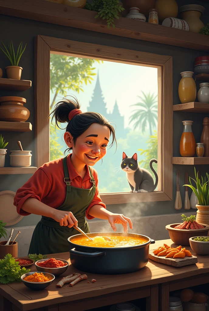 A fat, sly old Thai woman is cooking in the kitchen of a Thai temple. She is boiling a large pot of curry. There are various cooking utensils and ingredients for cooking, both vegetables and meat. There is a cat thief who is watching and stealing food by the window.