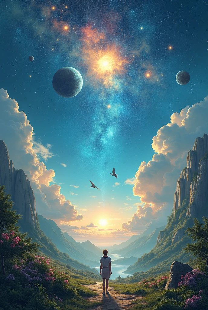 A scene with space which shows nature beauty and some stars and planets and sun in day light with animals and birds with flying and a man standing between them