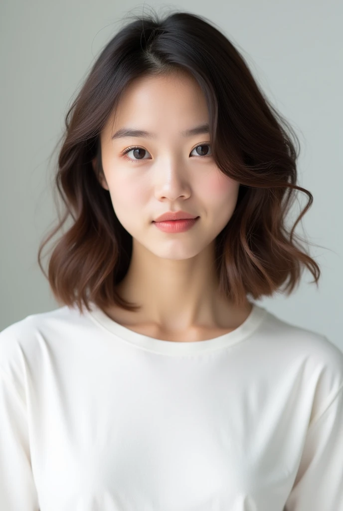 軽めのLayer Styles、Transparent woman、young、White T-shirt、Reduces neck volume、Fair-skinned pretty woman、No blunt ends、Layer Styles、Gourd-shaped chest-length hair、Dark brown color hair、A cute woman with layered hair、Soft hair with light tips、gloss々hair、Tapered Hair