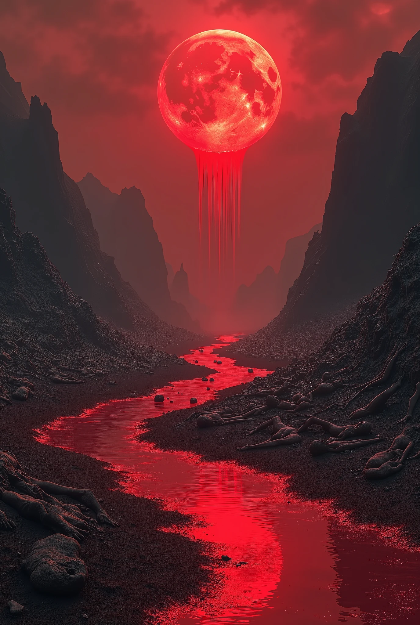 Make a red lake, made of blood. It passes between hills, which are formed by piled up and lifeless bodies. In the sky there is a red moon, but no stars. This moon bleeds, as if it were a waterfall, and falls into the red lake, being its origin.