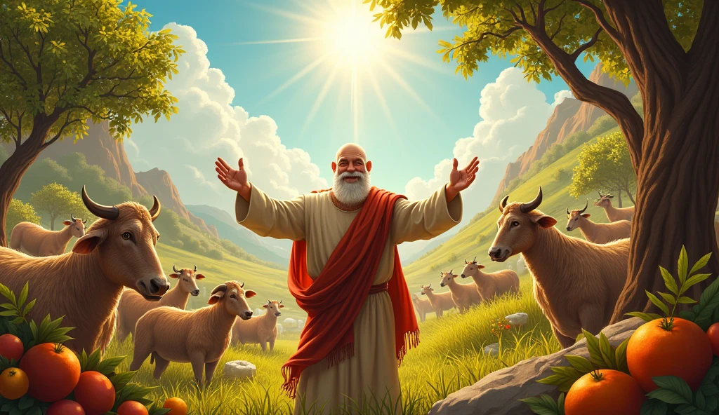 Create an image of Job, a bald man with a white beard, amidst a scene of abundance and prosperity., surrounded by riches, numerous flocks, and a big family. Jo is sad, with a happy face and hands outstretched in gratitude, while God blesses your life. The setting is a sunny landscape with green fields, fruit trees, and a clear sky, symbolizing the fullness of divine blessings. The image should reflect the abundance and joy of divine restoration.."