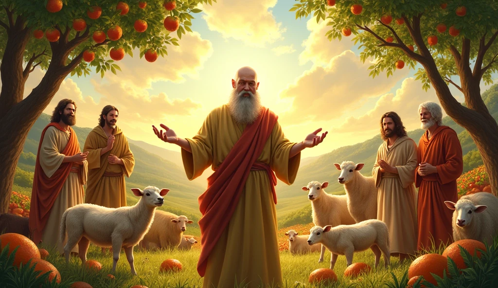 Create an image of Job, a bald man with a white beard, amidst a scene of abundance and prosperity., surrounded by riches, numerous flocks, and a big family. Jo is sad, with a happy face and hands outstretched in gratitude, while God blesses your life. The setting is a sunny landscape with green fields, fruit trees, and a clear sky, symbolizing the fullness of divine blessings. The image should reflect the abundance and joy of divine restoration.."