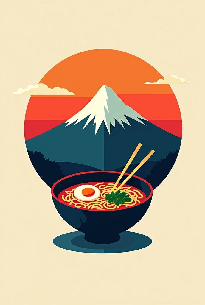Generate an aesthetic classic logo of mountain into ramen bowl with noodles, chopsticks, sun and mountain within the same bowl. Make the image colourful. Don't write anything on logo.