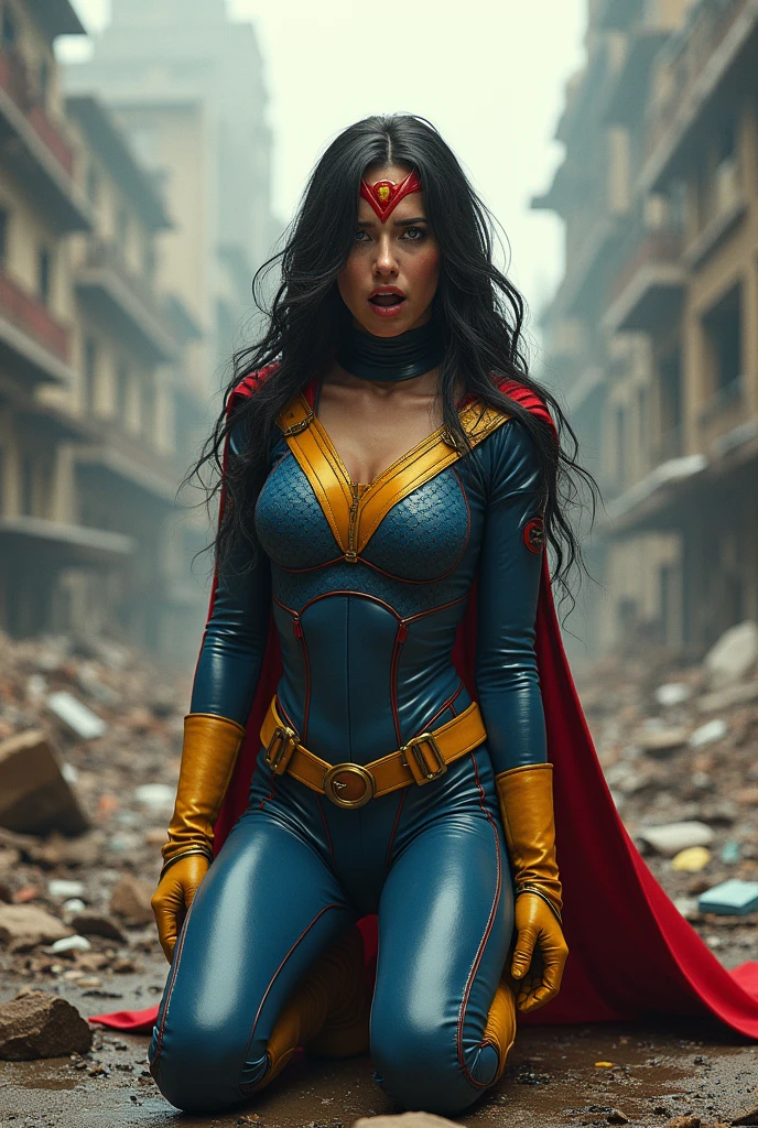 (((A beautiful long black haired woman on her knees screaming exhausted after an extensive battle ((((((Red V-shaped diaema with a yellow v in the center of the diaema ))))))Under the cloak of Big Barda light eyes her superheroine costume is samurai themed. Her usual costume is a blue leather jumpsuit with scales all over the suit and a gold armor corset over her jumpsuit, thick red belt, burnt yellow boots and gloves on a large, high-cylinder futuristic motorcycle in an apocalyptic city with a lot of destruction.))),(((without cape))),(((side preview))),(((without cape)))