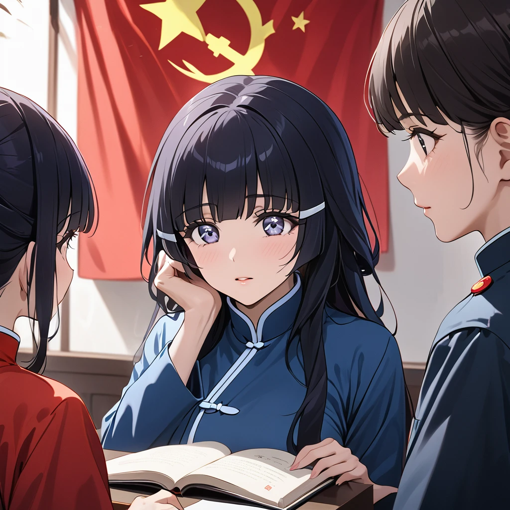 ((Highest quality)), ((masterpiece)), (detailed), (Perfect Face)、The woman is Reika Aoki with semi-long hair、The woman is wearing a Mao suit in China and is a member of the Chinese Communist Party.、The woman is listening intently to the teachings of the Chinese Communist Party members and receiving guidance.