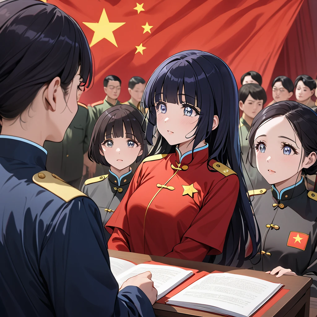 ((Highest quality)), ((masterpiece)), (detailed), (Perfect Face)、The woman is Reika Aoki with semi-long hair、The woman is wearing a Mao suit in China and is a member of the Chinese Communist Party.、The woman is listening intently to the teachings of the Chinese Communist Party members and receiving guidance.