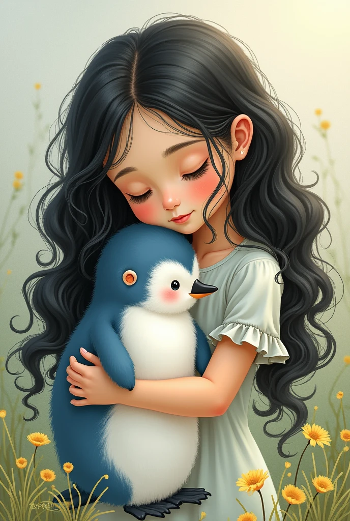 An illustration of a girl with long curly black hair, carrying a very chubby baby penguin, light blue in color