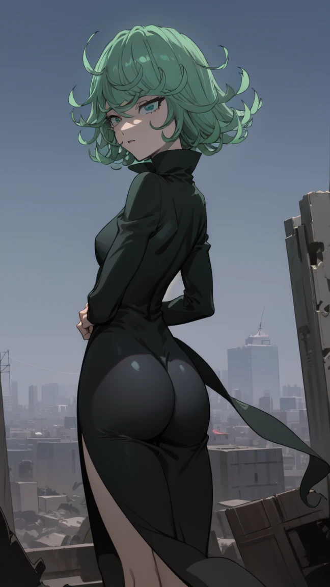 Anime art style, tatsumaki from one punch man, green hair, white skin, standing on destroyed city, cinematic lights, blushing cheeks, smilling, looking back at viewers, grabbing her ass, big booty, NSFW, back view, beautiful scenery. The dress is covering her ass, closed mouth, turtleneck, looking back, from behind, ass focus, standing, detailed eyes, half-closed eyes, curvy, wide hips, impossible clothes, outdoors, night, sky, clouds, stars, streetlights, lights, buildings, plants, bushes, (narrowed eyes:1.2), (squinted eyes:1.2), BREAK masterpiece, best quality, highly detailed background, perfect lightingbest quality, ((shiny skin, glossy skin, detailed skin)), (((detailed lips))), (((detailed eyes)))