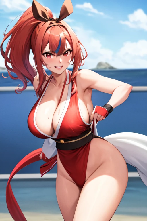 masterpiece, best quality, beautiful art, high resolution, well formed hands, body and fingers, 1 woman, solo, Bremerton, red makeup, red lipstick,adult, grown up, cosplaying as Mai Shiranui , mai_shiranui_cosplay, adult, large and big breasted, cleavage, full body , hair ribbon, gorgeous legs and, thighs, sexy Japanese clothes, hair ornament , sexy and bare legs , hips and thighs, panties peek, fighting in a combat match, showing her fighting skills, making her guard, about to hit the viewer, looking at the viewer, close up on her bouncing breasts, sweating, bouncing breasts, smiling joyfully and brightly, seductive face, being confident and proud, action and fighting scene, martial arts tournament on the beach fighting in a combat match, showing her fighting skills, making her guard, about to hit the viewer, looking at the viewer, cowboy shot on her bouncing breasts, sweating, bouncing breasts, smiling joyfully and brightly, seductive face, being confident and proud, action and fighting scene, martial arts tournament on the beach sonment