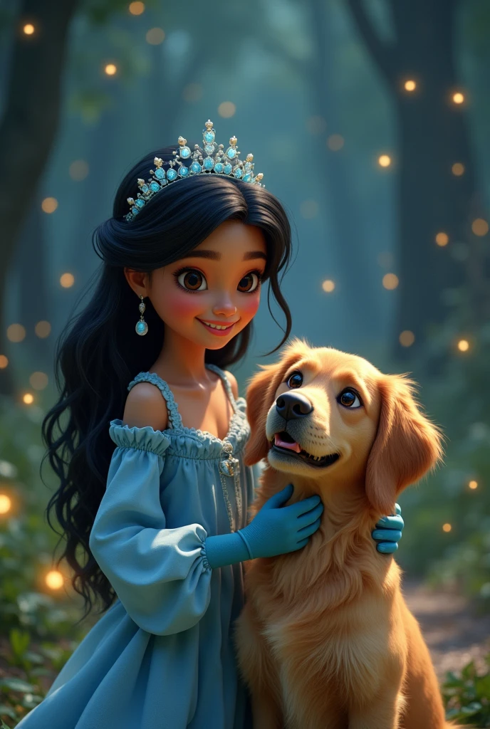 Chica de Medium skin tone con cabello negro , dark eyes , Beautiful smile.with a golden retriever dog. Repesentavion pixar, light blue oversized dress ,spongy ,with a blue crown, blue gloves , in a forest with fireflies at night, Medium skin tone