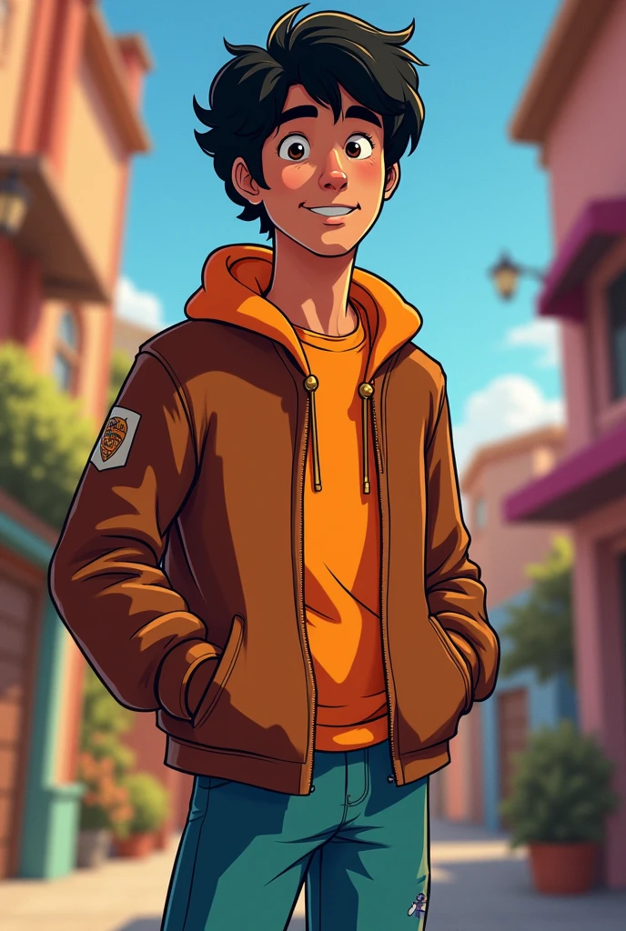 teenage male character, 2d style of the Scooby Doo series gang, brown skin and short wavy black hair
