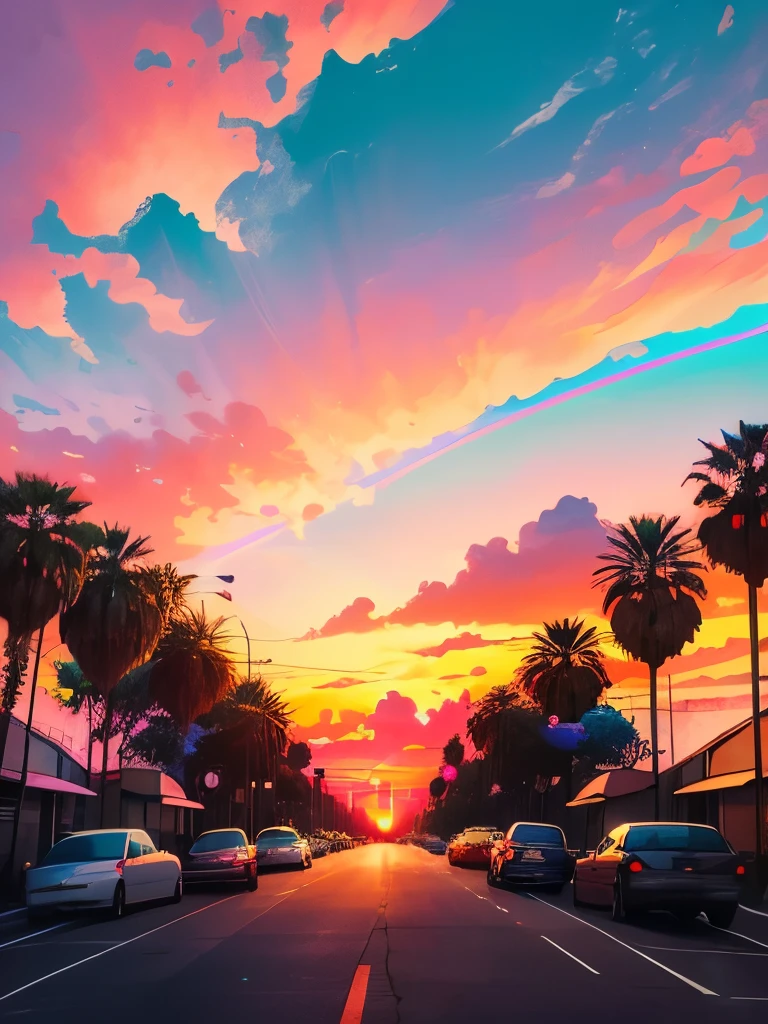 arafed view of a street with palm trees and a red light, colorful skies, colorful sunset, colorful sky, vaporwave sunset, colorfull sky, colorful aesthetic, colorful sunset!!, vibrant sunset, psychedelic sky, synthwave sunset, colourful sky, synthwave colours, colorful city, !dream los angeles, sunset psychedelic, very colorful heavenly, surreal colors