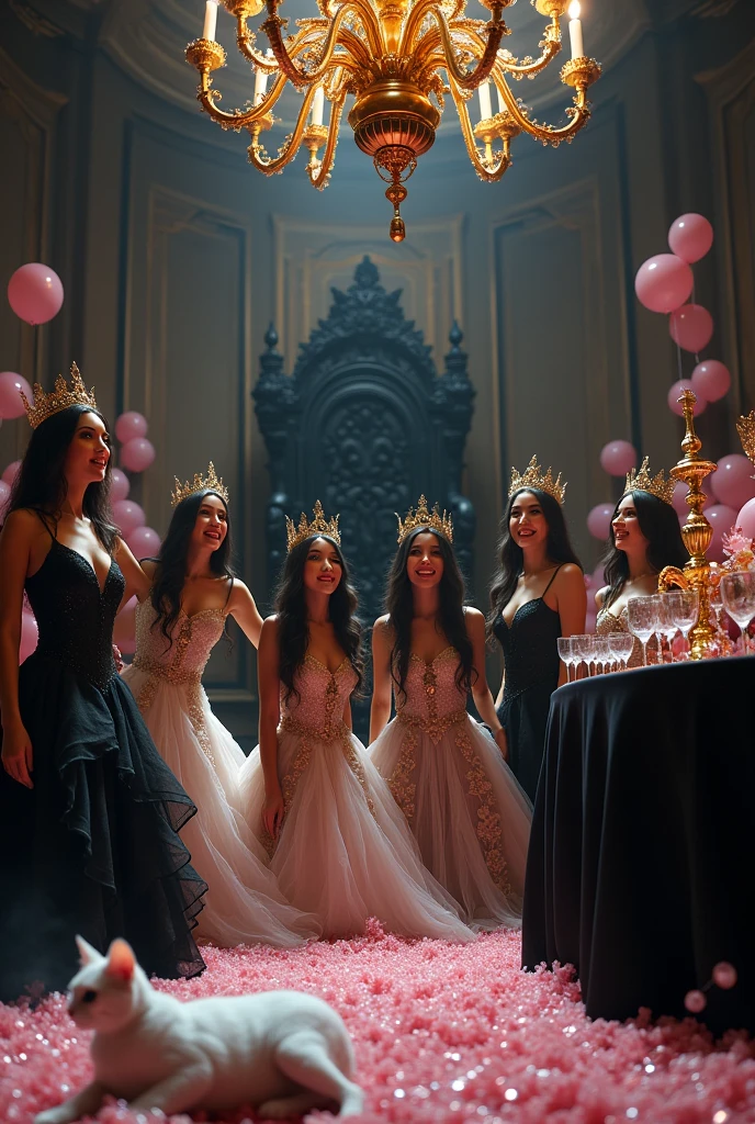 "A full-body shot of a (extra wide angle) in a dark low light medeval ballroom in an old palace. Super-big ballroom 2 queen twin sisters and their 10 girlfriends with big light-colored eyes, super-long shiny blackest hair, white long hair also((Detailed face:1.2)), perfect beautiful teeth, perfect hands, five fingers on each hand, big breasts cleavage, most perfect eyes 1:1, white perfect skin, rosy cheeks. They are laying on the floor in a middle of a super-enormous ballroom 1:3 with sparkling pink cristals and baloons everywhere in the candelight 1:1 Wearing a layered black, white and gold ballroom dresses with lace and shiffon. leans bending to the side nonchalantly beside a black thrown. On their head is a gold crown, adorned with pink crystals 1:1. They are laughing and laughing at eachother and rolling around the floor. A white cat lounges on the floor in front of her 1:1, while a blue bird perches atop the throne. All of the girls rolling around in a caos with eachother. The scene includes a elegant, extraordinairy beautiful gothic empresses, striking a bendover poses, excited and laughing. their long black hair flowing all around. Having fun.Embodying a beautiful yet disheveled gothic queens (Best Quality) (Detailed). The environment exudes a medieval fantasy vibe, with a big black intricate throne in a corner, a dark medeval chandelier with few candles hanging from the ceiling a very low romantic lighting. In a fantastic scene that uses 3D Surreal 3D model. Big gold gothic medieval five armed candlesticks sit on a blacktable, surrounded by crystal wine glasses—one tipped over and another half-full of wine. The entire setup is Best Quality, masterpiece yet regal, capturing the essence of a beautiful and happy girls, fantastical gothic setting, moist. Low lighting under neath, framed with the grandeur of medieval gothic style. photographed in a Canon EOS R5, 50mm Lens, F/2.8, nffsw, (8K)"