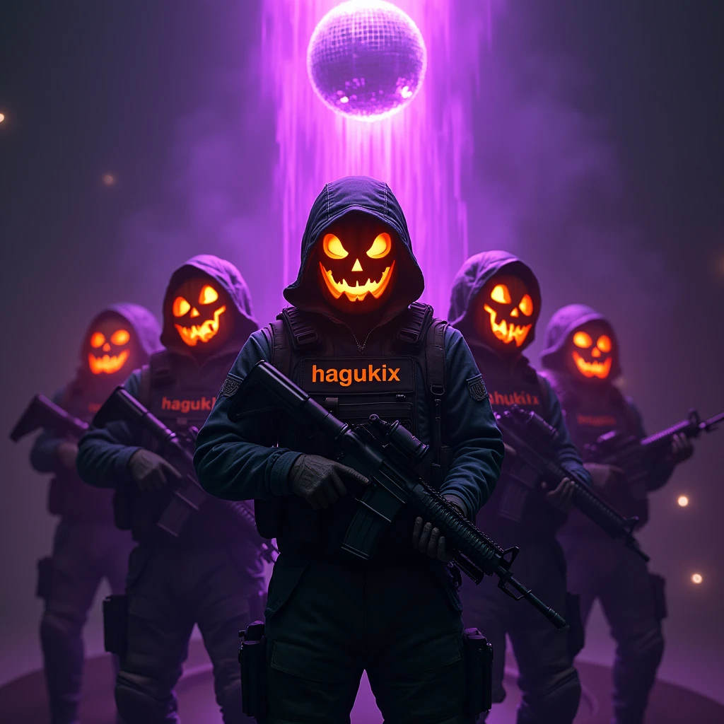 Characters wearing jack-o-lanterns'- Lantern on the head、Equipped with a tactical jacket and rifle、Purple light pours down from the mirror ball above.。.、The jacket says "HAGUKIX" in large letters.