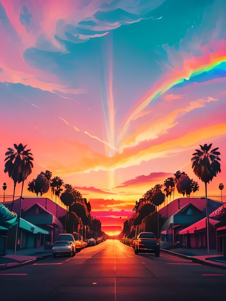 arafed view of a street with palm trees and a red light, colorful skies, colorful sunset, colorful sky, vaporwave sunset, colorfull sky, colorful aesthetic, colorful sunset!!, vibrant sunset, psychedelic sky, synthwave sunset, colourful sky, synthwave colours, colorful city, !dream los angeles, sunset psychedelic, very colorful heavenly, surreal colors