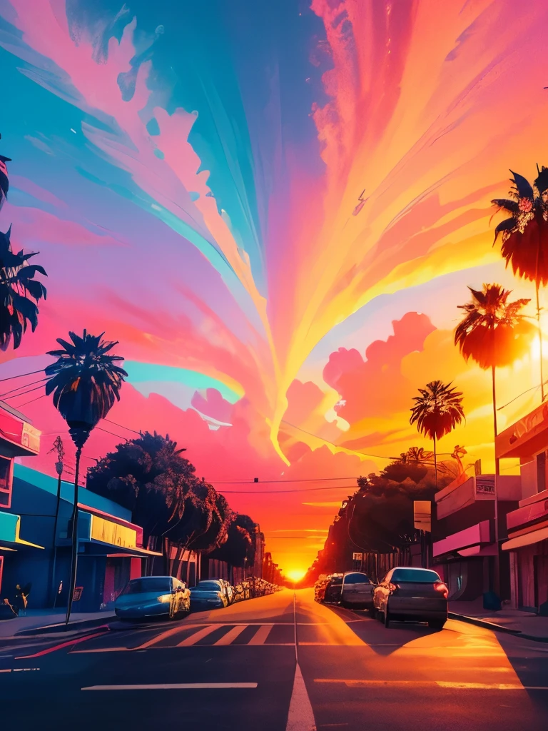 arafed view of a street with palm trees and a red light, colorful skies, colorful sunset, colorful sky, vaporwave sunset, colorfull sky, colorful aesthetic, colorful sunset!!, vibrant sunset, psychedelic sky, synthwave sunset, colourful sky, synthwave colours, colorful city, !dream los angeles, sunset psychedelic, very colorful heavenly, surreal colors