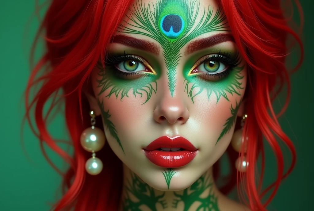 tanned lady white skin lady red green peacock feather tattoos on face red green hairs mark facial peacock feather jewelry PERFECT MASTERPIECE, EXTREMELY DETAILED CG UNITY 32K UHD QUALITY RESOLUTION WALLPAPER, PHOTOREALISTIC, RAW PHOTO, PERFECT PHOTOGENIC CLARITY, OFFICIAL ART, AWARD-WINNING PORTRAIT, ULTRA HYPER-REALISTIC, ULTRA HYPER-DETAILED, SHINY REALISTIC SKIN, RAY TRACING, UNREAL ENGINE 5.8K, GLOWING AMBIENT LIGHT cyberpunk, Arabian girl face portrait anime lips bite mouth tongue