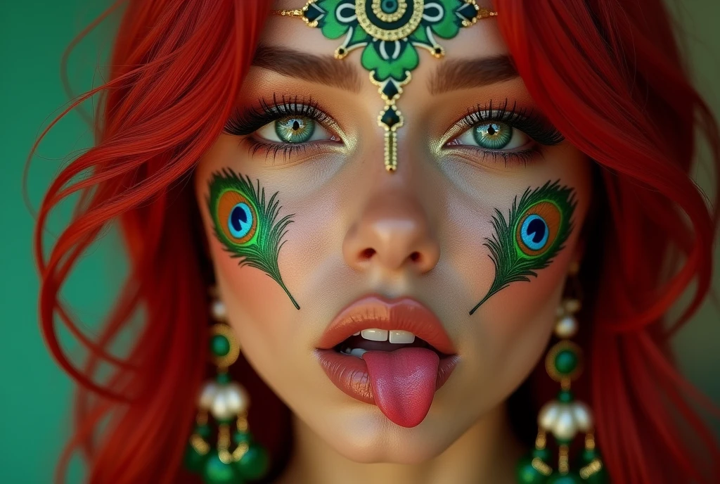 tanned lady white skin lady red green peacock feather tattoos on face red green hairs mark facial peacock feather jewelry  PERFECT MASTERPIECE, EXTREMELY DETAILED CG UNITY 32K UHD QUALITY RESOLUTION WALLPAPER, PHOTOREALISTIC, RAW PHOTO, PERFECT PHOTOGENIC CLARITY, OFFICIAL ART, AWARD-WINNING PORTRAIT, ULTRA HYPER-REALISTIC, ULTRA HYPER-DETAILED, SHINY REALISTIC SKIN, RAY TRACING, UNREAL ENGINE 5.8K, GLOWING AMBIENT LIGHT cyberpunk, Arabian girl face portrait anime lips bite mouth tongue