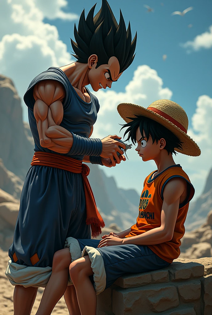 Vegeta cutting Luffy's hair