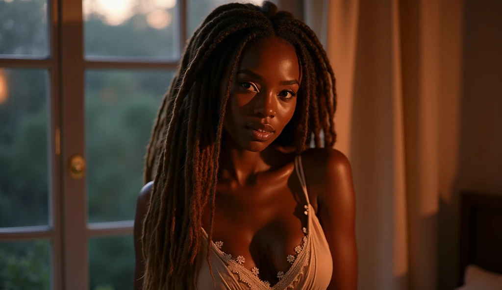 A stunningly beautiful African American woman with long brown dreadlocks with highlights on the ends in night gown looking sexy & sensual, looking out of the bedroom window, realistic