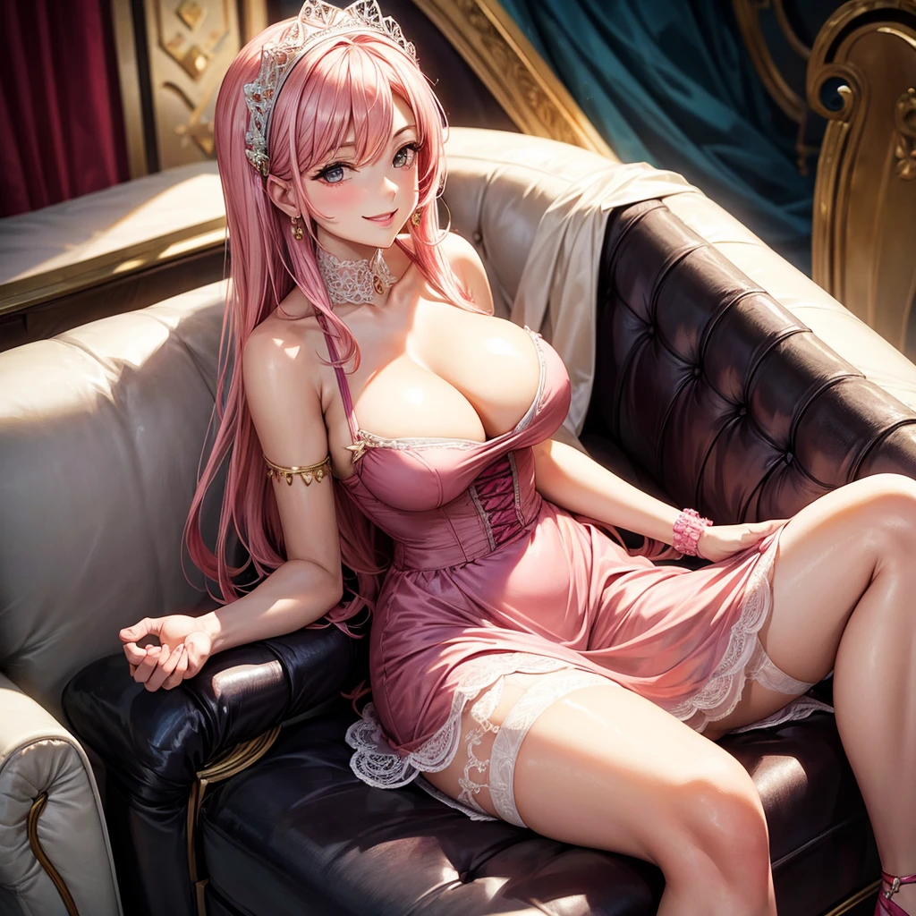 An elegant woman Lady Smiling Kindly Pink Dress Headband Big Breasts stockings Sit on the sofa