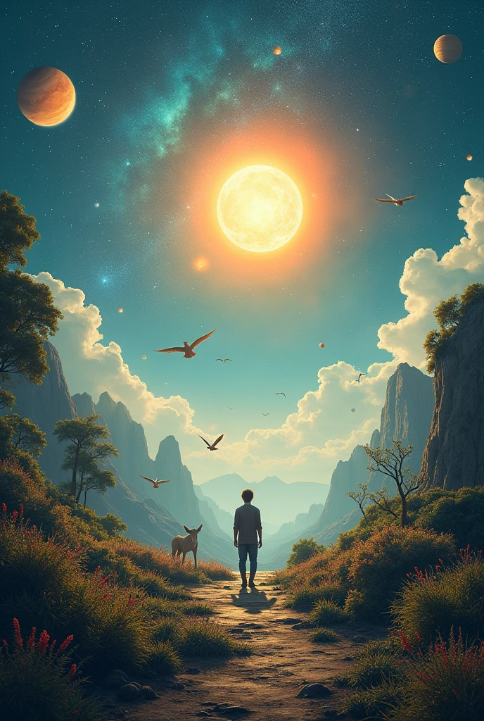 A scene with space which shows nature beauty and some stars and planets and sun in day light with animals and birds with flying and a man standing between them by flying