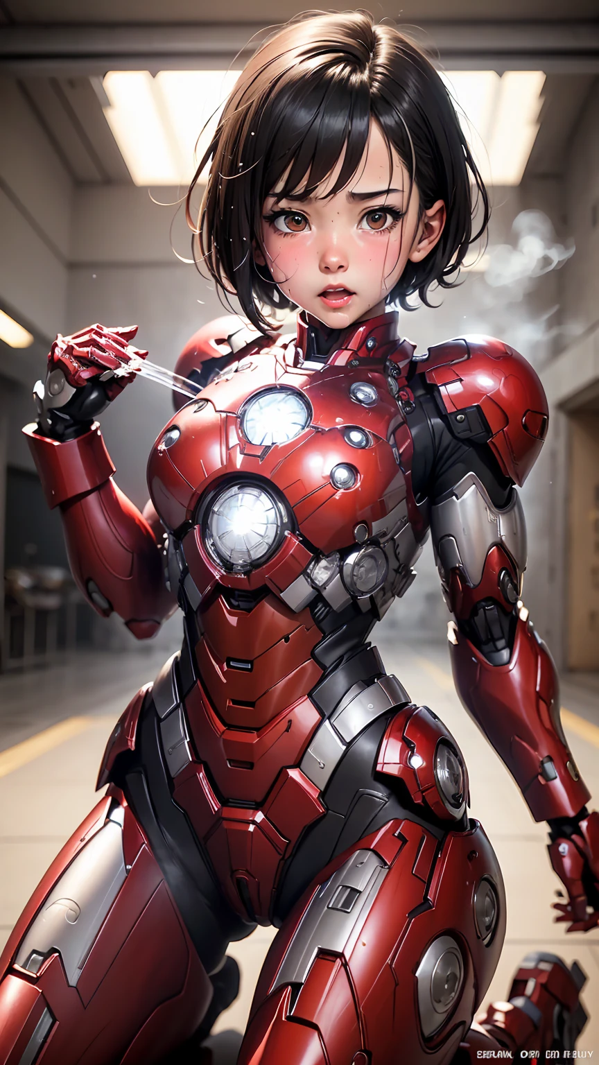 Highest quality 8k Iron Man suit girl Elementary school girl Sweaty face cute short hair boyish Steam coming from the head My hair is wet with sweat Black hair feel Full body portrait Ecstatic expression Drooling dripping from the mouth look up bare hands Constraints ((Spread your legs wide)) I can see the vagina Front view