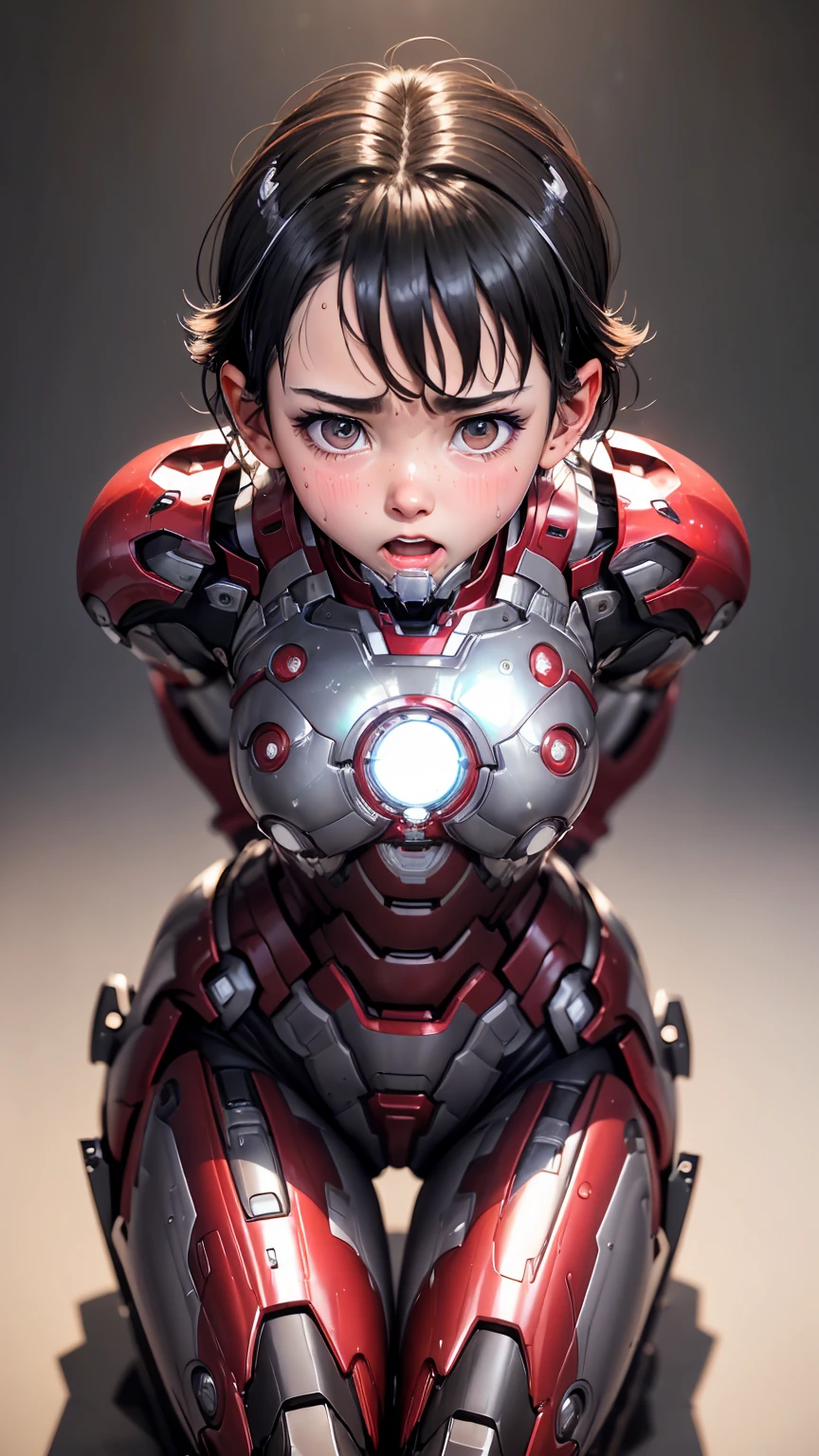 Highest quality　8k Iron Man suit girl　　Sweaty face　cute　short hair　boyish　Steam coming from the head　My hair is wet with sweat　Black hair feel　Full body portrait　Ecstatic expression　Drooling dripping from the mouth　look up　bare hands　Constraints　((Spread your legs wide)) I can see the vagina　Front view