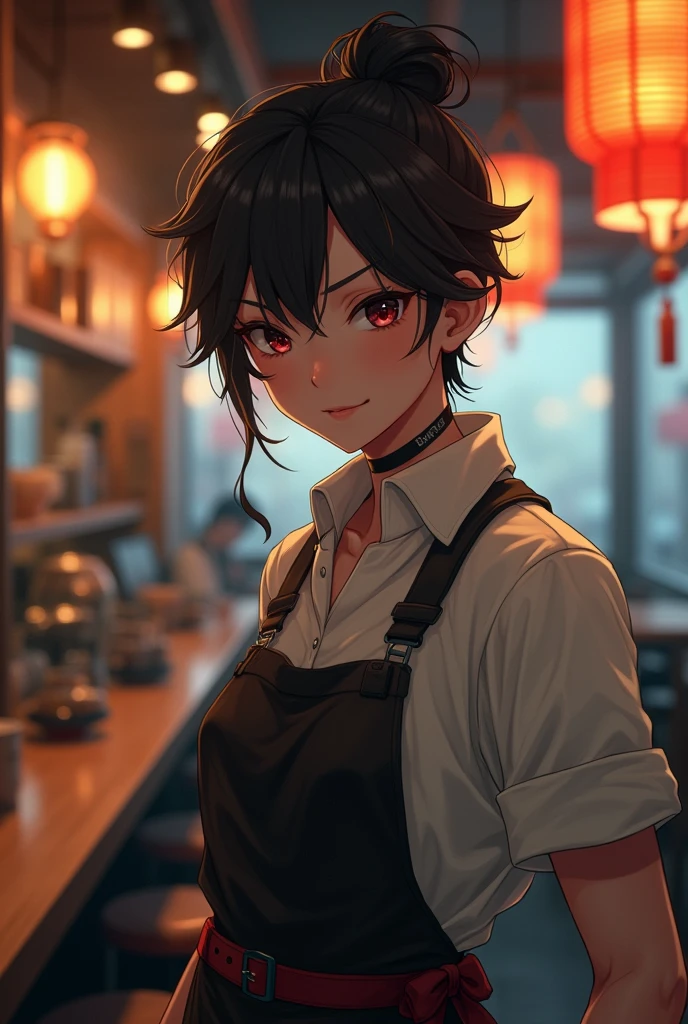 Photorealistic, 8K full-body poster, Japanese, 1 person, smile, Sharp eyes, Attractive look, Detailed facial details, Rugged skeleton, Tokyo, Winters, Inside the cafe,Slit eyes,Cafe uniform,