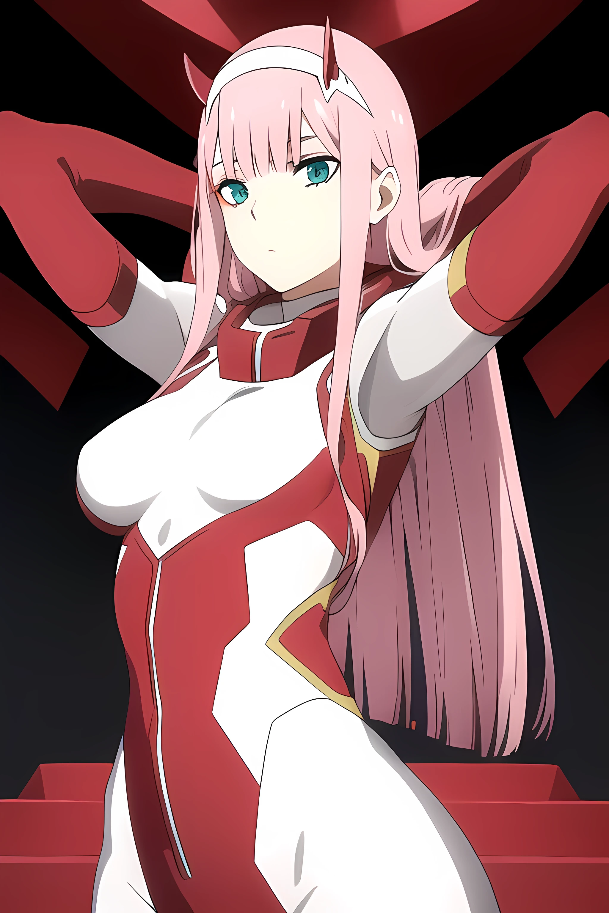 ((best quality)),((highly detailed)),masterpiece,absurdres,detailed face,beautiful face,((detailed eyes, deep eyes)),(1girl),((dynamic pose)), Zero_Two, green eyes, 1girl, solo, red bodysuit, long hair, pilot suit, pink hair, bodysuit, straight hair, hairband, standing, horns, breasts, bangs, closed mouth, white hairband, skin tight, blunt bangs, makeup, eyeshadow, very long hair, sidelocks, expressionless, hair between eyes, red horns, shiny hair, massive breasts