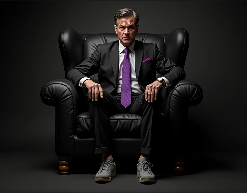 Create a realistic image for a profile picture where a 3 “Man”, With a Black suit, purple tie, casually sitting on a big, comfortable black chair, wearing light gray sneakers, looking dissapointed, full ultra high detail realisitic quality
