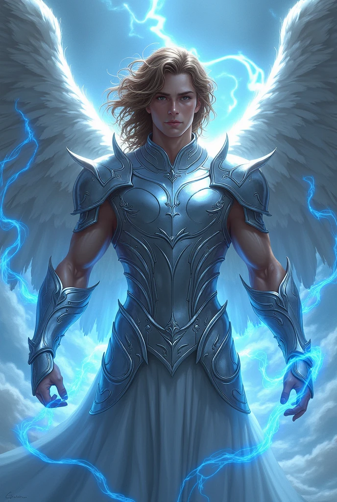 Male angel with armor, brown curly hair and white skin with 4 pairs of wings and a blue energy field