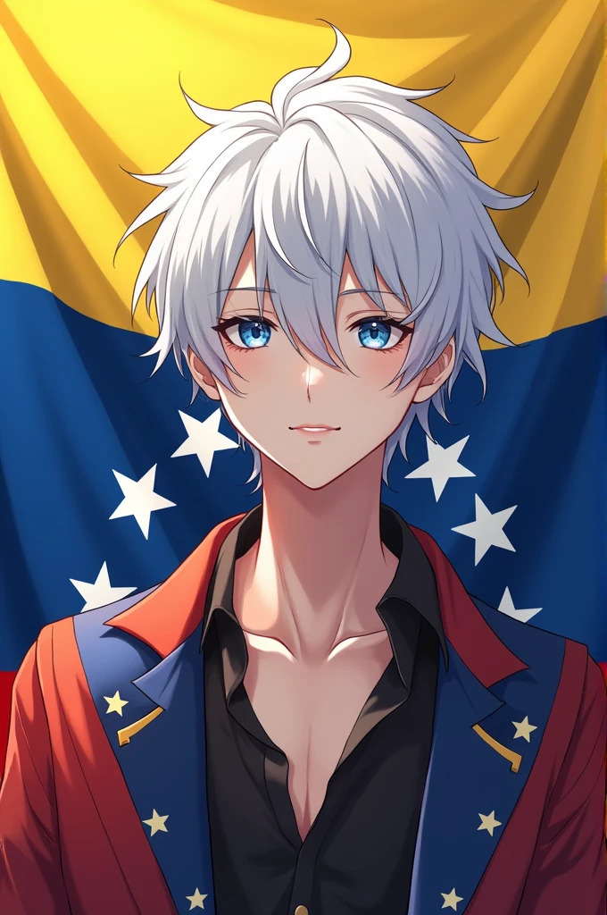Anime boy with white hair and the Venezuelan flag in the background 