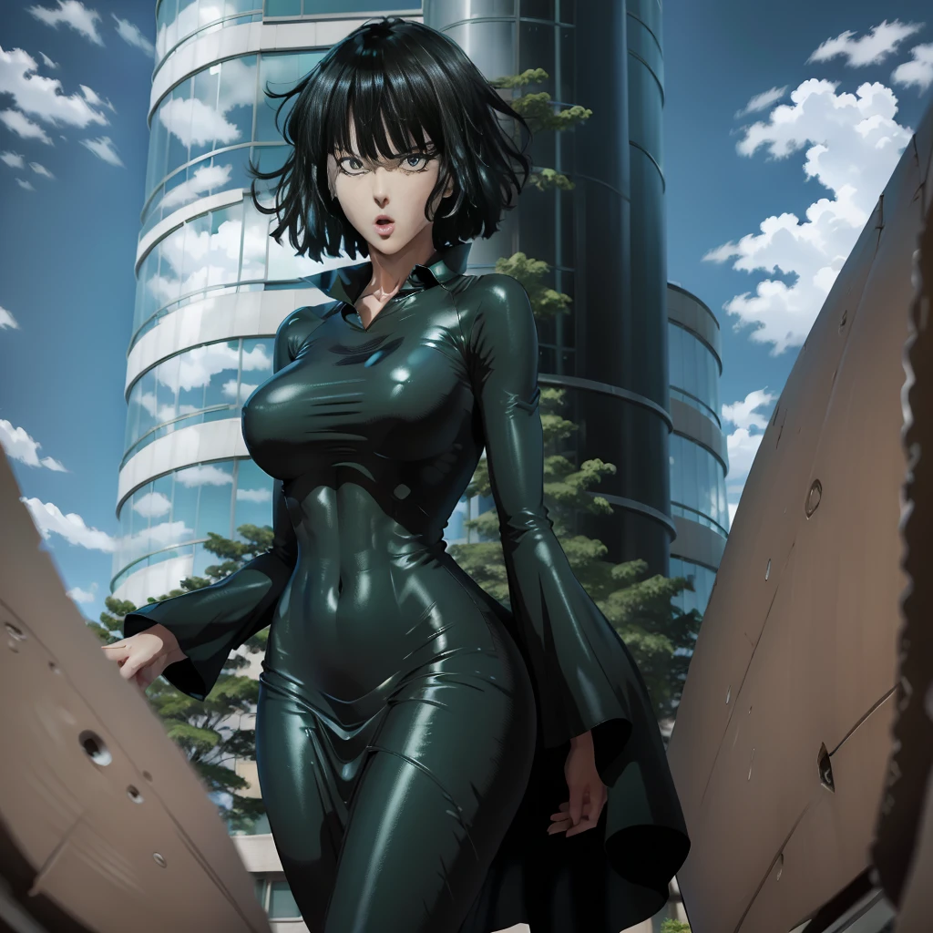 Fukibi in one punch man. Sexy. Green. Storm. Flying. Blue sky. Building, butt facing camera, back view, tight dress