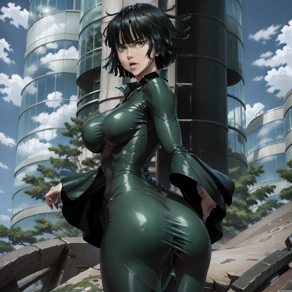 Fukibi in one punch man. Sexy. Green. Storm. Flying. Blue sky. Building, butt facing camera, back view, tight dress