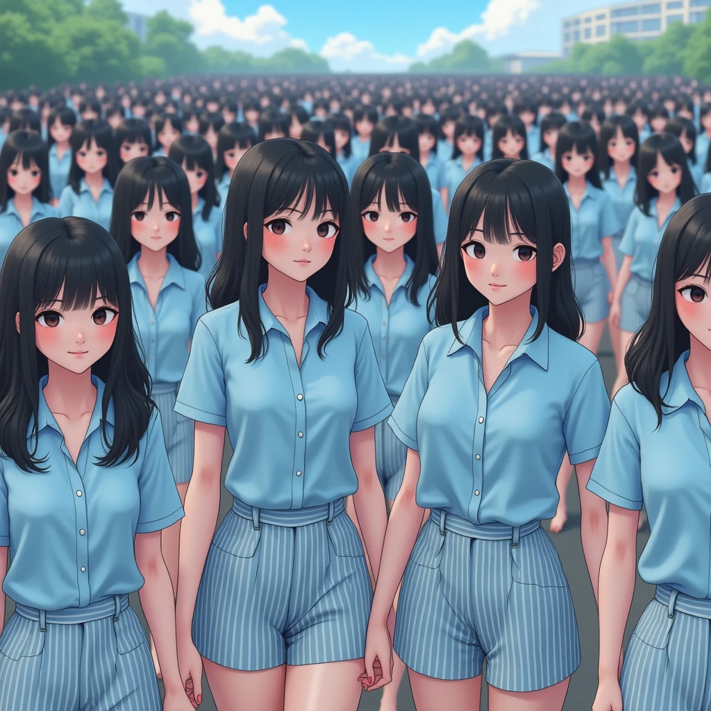 (((((Japanese Clone-girls=Myself))))), (((Best Super Perfect Clone-girls Raw Photography Art, 16K, Highest quality, Ultra-high resolution))), (((So unrealistic, ((Myself increases)), Fantasy World, Ultra-realistic))), (((Japanese, hashimoto-kanna, 17yo, Small face, Thick black hair, Semi-long hair, Dark Eyes, Mature face, Cute Smile, Smiling face, A gentle gaze, (((Very happy laughter)))))), (((Very beautiful detailed girls, Accurate body structure, Accurate body movements, Very detailed body, (((Big Breasts, J-Cup)))))), (((Summer Girls' School Uniform, Light blue shirt, I can see the cleavage, Big Breasts強調, blue and white striped mini skirt))), ((((((((Very detailed, Myself cloning, Depiction of splitting oneself, 1Myself girl-cloning-1,000,000Myself clone-girls)))))))), (((((((Very detailed clone depiction, (((The same perfect female body as Myself, Myself and the same perfect face, Perfect same hairstyle as Myself, Myself and the perfect same outfit, Perfect height with myself, Myself and perfect J-Cup)))))))))), (((((Myself clone-girls only))))), (((((1,000,000,000Myself clone-girls))))), (((Very detailed, Extremely crowded, Body-to-body contact with no gaps))), (Bright and soft lighting), (((((Clear and accurate perspective depiction, super wide view, Ultra-wide field of view, Focus on the average value of the image))))), (((((Myself clone-girls, With very detailed depiction, Pleasant conversation, Holding hands, Hug, Skinship between thousands of Myselves)))))