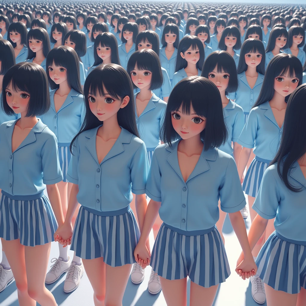 (((((Japanese Clone-girls=Myself))))), (((Best Super Perfect Clone-girls Raw Photography Art, 16K, Highest quality, Ultra-high resolution))), (((So unrealistic, ((Myself increases)), Fantasy World, Ultra-realistic))), (((Japanese, hashimoto-kanna, 17yo, Small face, Thick black hair, Semi-long hair, Dark Eyes, Mature face, Cute Smile, Smiling face, A gentle gaze, (((Very happy laughter)))))), (((Very beautiful detailed girls, Accurate body structure, Accurate body movements, Very detailed body, (((Big Breasts, J-Cup)))))), (((Summer Girls' School Uniform, Light blue shirt, I can see the cleavage, Big Breasts強調, blue and white striped mini skirt))), ((((((((Very detailed, Myself cloning, Depiction of splitting oneself, 1Myself girl-cloning-1,000,000Myself clone-girls)))))))), (((((((Very detailed clone depiction, (((The same perfect female body as Myself, Myself and the same perfect face, Perfect same hairstyle as Myself, Myself and the perfect same outfit, Perfect height with myself, Myself and perfect J-Cup)))))))))), (((((Myself clone-girls only))))), (((((1,000,000,000Myself clone-girls))))), (((Very detailed, Extremely crowded, Body-to-body contact with no gaps))), (Bright and soft lighting), (((((Clear and accurate perspective depiction, super wide view, Ultra-wide field of view, Focus on the average value of the image))))), (((((Myself clone-girls, With very detailed depiction, Pleasant conversation, Holding hands, Hug, Skinship between thousands of Myselves)))))