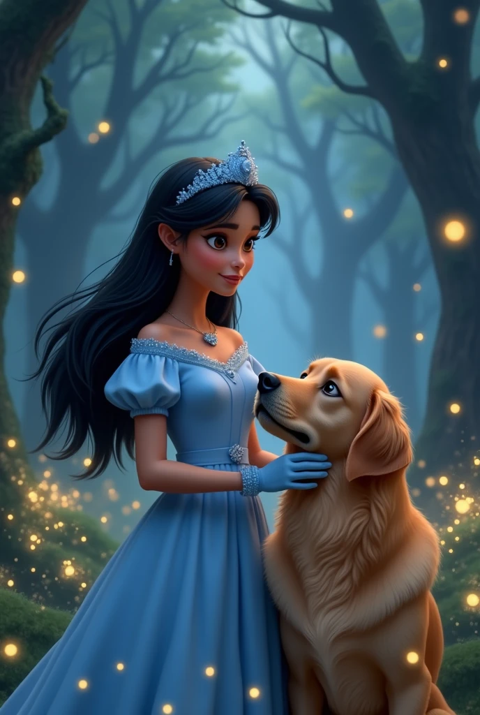 Chica de Medium skin tone con cabello negro , dark eyes , Beautiful smile.with a golden retriever dog. Repesentavion pixar, light blue oversized dress ,spongy ,with a blue crown, blue gloves , in a forest with fireflies at night, Medium skin tone