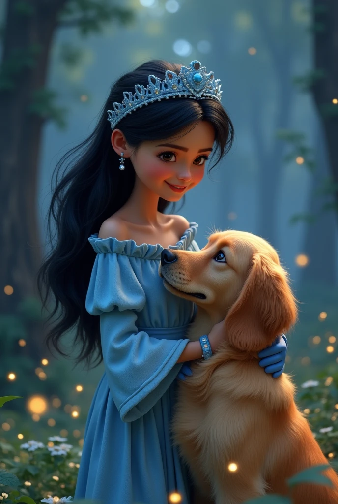 Chica de Medium skin tone con cabello negro , dark eyes , Beautiful smile.with a golden retriever dog. Repesentavion pixar, light blue oversized dress ,spongy ,with a blue crown, blue gloves , in a forest with fireflies at night, Medium skin tone