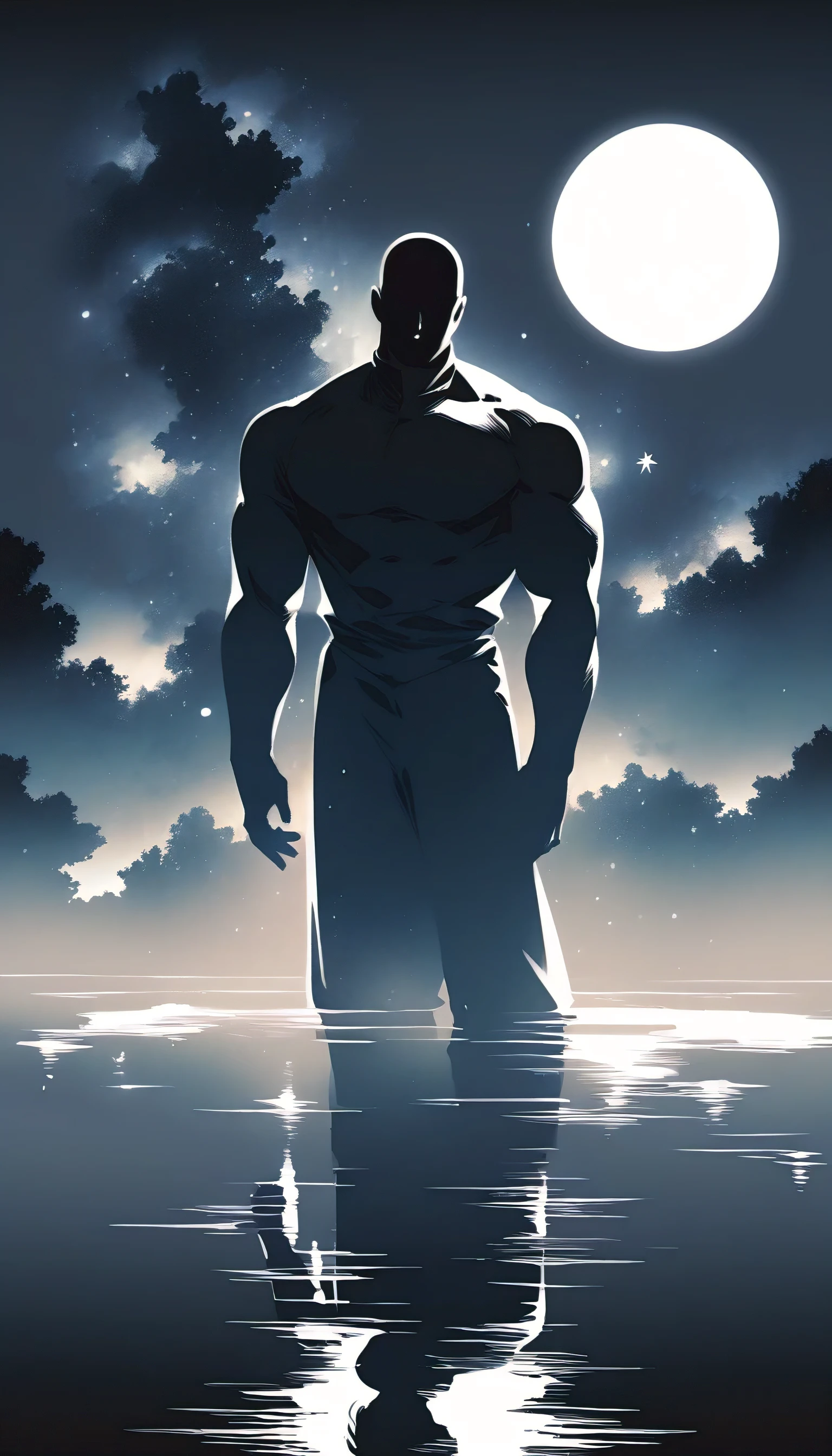 A Strong Buddhist muscular man stands in the smoke, Black jumpsuit, Very tight, Silhouette effect, Tall muscular man, Priapus, Dark Black, Dark black skin, Buzz Cut, His muscles are very developed, Very tall, short hair, Blend into the smoke, Lake, Reflection, Stars, moonlight, Big Moon, Man silhouette, Chinese, black and white, Simple style