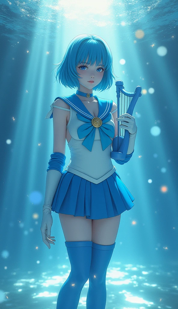 "Generate an image of Ami Mizuno from Sailor Moon in her Super Sailor Mercury form. She should be standing confidently, with her short blue hair styled in a sleek bob. Her outfit is a white sailor-style uniform with a blue collar, a light blue bow on her chest with a golden heart-shaped brooch, and a pleated skirt. She wears knee-high blue boots and white gloves with blue accents. She should be holding her Aqua Harp, with water elements swirling around her. The background should be an underwater scene, with shimmering light filtering through, creating a calm and serene atmosphere.", high quality, (RAW photo, best quality), (realistic, photorealistic: 1.4), (extremely delicate and beautiful: 1.4), amazing, fine details, masterpiece, ultra detailed, high resolution, best illustration, best shadow, intricate, ( extremely intricate: 1.2), (exquisitely detailed skin), cinematic light, perfect anatomy, (cool color: 1.4), sharp focus, 8k UHD, DSLR, (Fujifilm XT3),(iluminación cinematográfica :1.4), (pose americano :1.4)