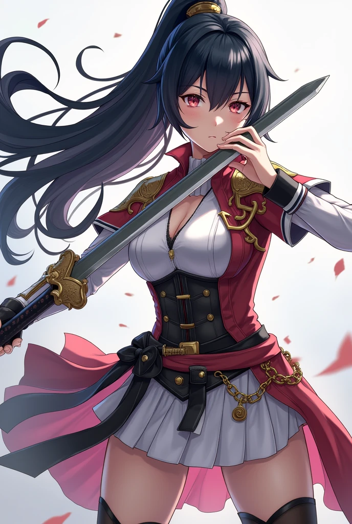 full body. a girl in a costume holding a sword, (ponytail forehead hair pulled back:1.3), (black hair:1.3), anime style, from girls frontline, fine details. girls frontline, girls frontline universe, girls frontline style, girls frontline, girls frontline cg, 2 0 2 2 anime style, 2022 anime style, pixiv contest winner, concept art 2022,