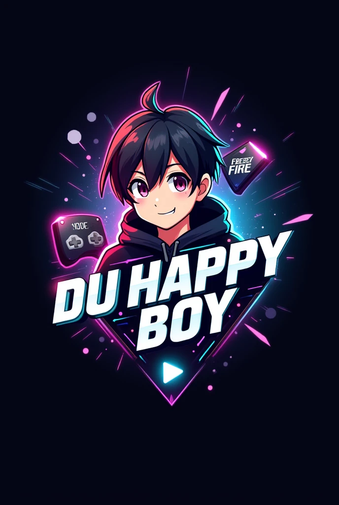 This is a gaming logo that features the name DU happy boy in a futuristic font and a Neo black colour. And boy anime avtar, the logo also has a stylized controlled icon and a free fire play button in the background. The logo is designed to be attractive and eye-catching and to appeal to gaming enthusiast and youtube viewers. I hope you like it 