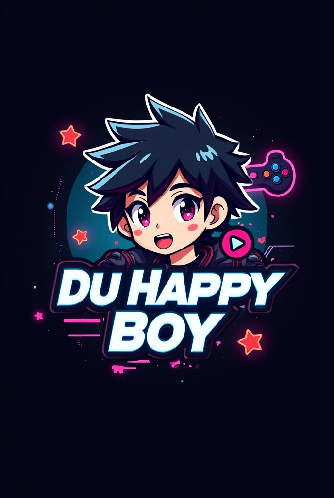 This is a gaming logo that features the name DU happy boy in a futuristic font and a Neo black colour. And boy anime avtar, the logo also has a stylized controlled icon and a free fire play button in the background. The logo is designed to be attractive and eye-catching and to appeal to gaming enthusiast and youtube viewers. I hope you like it