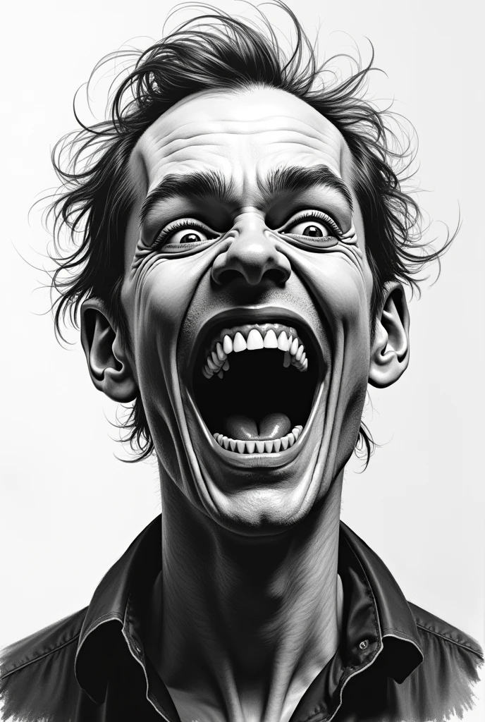 Black and white drawing of a schizophrenic man laughing