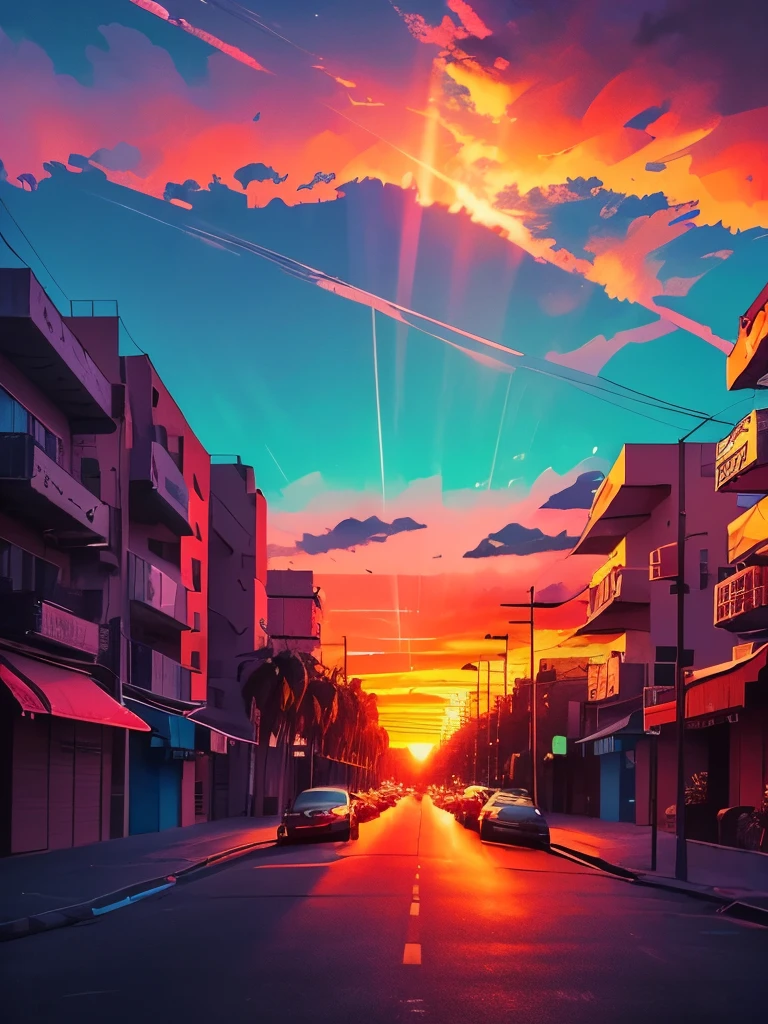 arafed view of a street with palm trees and a red light, a colorized photo by Alena Aenami, unsplash, neo-fauvism, colorful skies, colorful sunset, colorful sky, vaporwave sunset, colorfull sky, colorful aesthetic, colorful sunset!!, vibrant sunset, psychedelic sky, synthwave sunset, colourful sky, synthwave colours