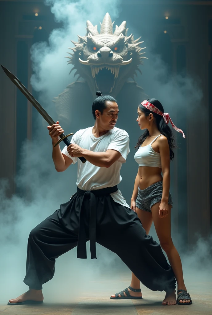 very detailed and realistic photo, HD quality, 4K, a man expert in traditional Javanese Indonesian martial arts. 50 years old, sturdy body slightly muscular, short black hair, position facing the camera, with a horse stance, right hand holding a shining sword and left hand clenched crossed in front of the chest, wearing a white t-shirt, black pants and traditional Javanese shoes, in a dimly lit room full of mystical nuances there is white smoke, behind the person's standing position there is an angry exotic dragon, showing the dragon moves demonstrated by the martial arts expert. A young Indonesian girl FACING THE CAMERA, appears, clean smooth skin, loose black hair with a red and white cloth headband wearing a tight white t-shirt and sexy short bottoms wearing traditional Javanese Indonesian shoes sitting half cross-legged in front of the martial arts expert. make it in detail and very complicated and very clear, realistic and sharp.