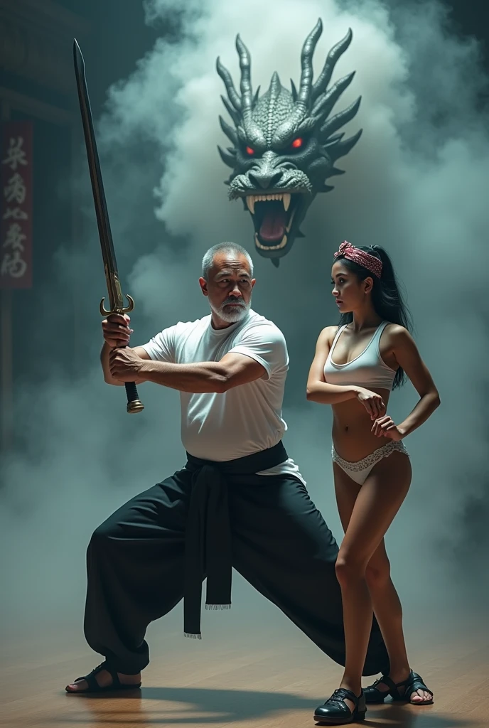 very detailed and realistic photo, HD quality, 4K, a man expert in traditional Javanese Indonesian martial arts. 50 years old, sturdy body slightly muscular, short black hair, position facing the camera, with a horse stance, right hand holding a shining sword and left hand clenched crossed in front of the chest, wearing a white t-shirt, black pants and traditional Javanese shoes, in a dimly lit room full of mystical nuances there is white smoke, behind the person's standing position there is an angry exotic dragon, showing the dragon moves demonstrated by the martial arts expert. A young Indonesian girl FACING THE CAMERA, appears, clean smooth skin, loose black hair with a red and white cloth headband wearing a tight white t-shirt and sexy short bottoms wearing traditional Javanese Indonesian shoes sitting half cross-legged in front of the martial arts expert. make it in detail and very complicated and very clear, realistic and sharp.
